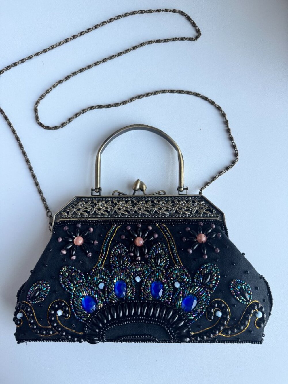Purple Pearl Vintage Black Beaded Evening Bag Kiss Lock Purse Chain Strap Floral